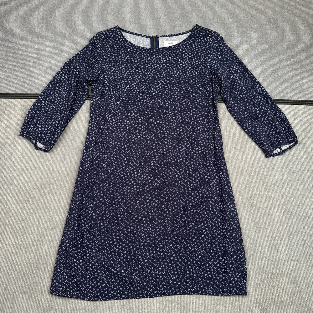 Old Navy Womens XS Navy Blue Floral 3/4 Sleeve Shift Dress Exposed Back Zip Y2k